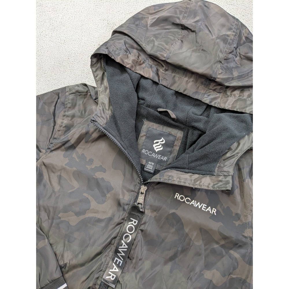 Rocawear Mens Camo Hooded Windbreaker Jacket Fleece Lined Black Grey Size Medium